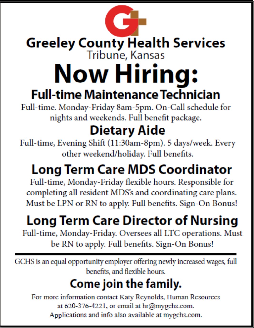 ADV - Greeley County Health Services - Now Hiring - August 11, 2017 ADV - Greeley County Health Services - Now Hiring - August 11, 2017
