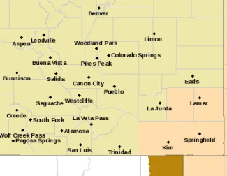 Map of southeast Colorado showing a fire weather warning in southeast Colorado for March 24, 2024