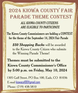 Advertisement for the 2024 Kiowa County Fair Parade Theme Contest.