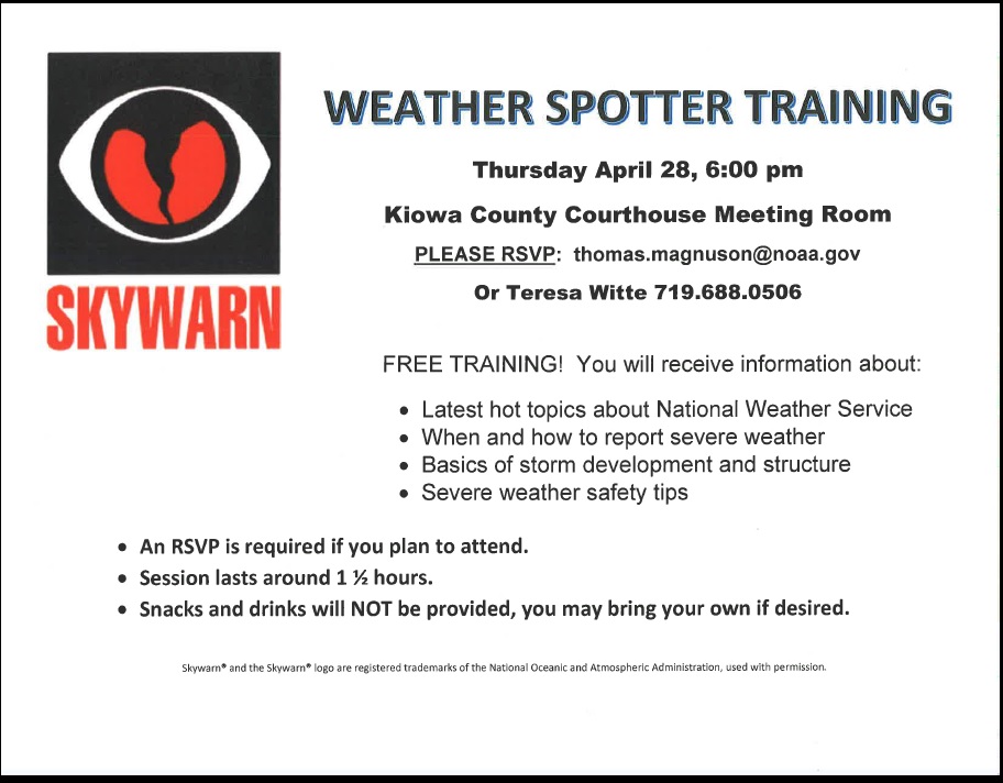 Free Weather Spotter Training Kiowa County Press Eads, Colorado