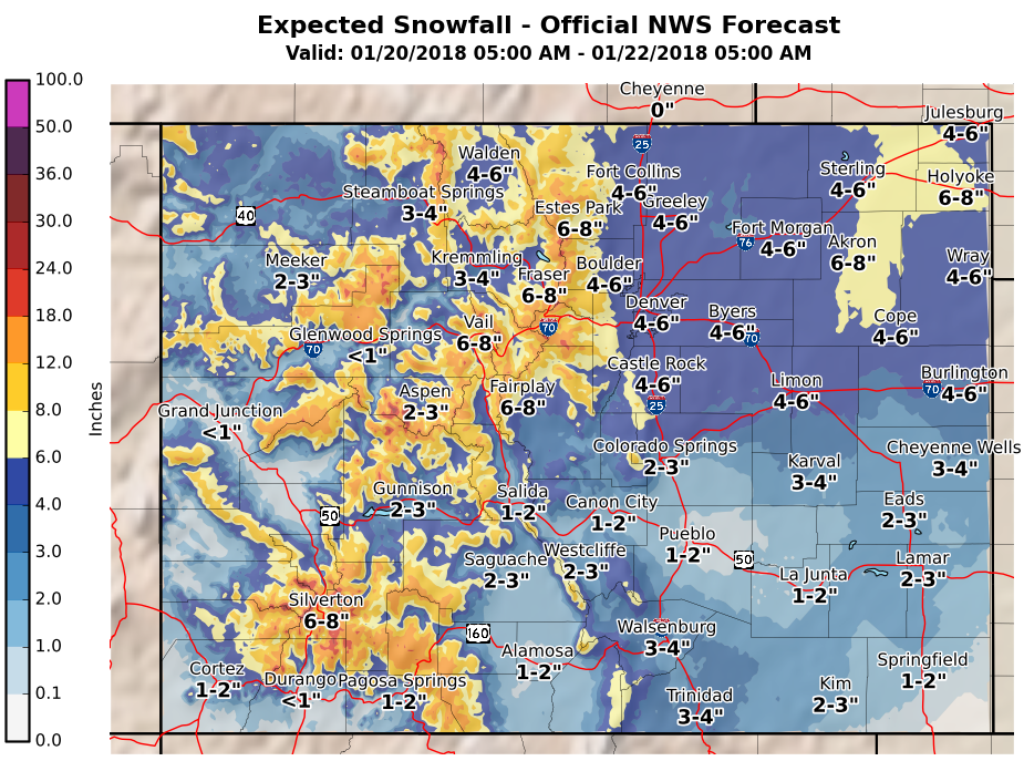 MAP Weekend Snowfall Colorado - January 20-21, 2018