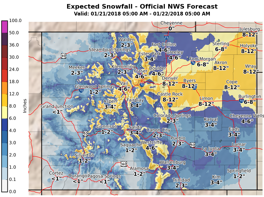 MAP Snowfall Colorado January 21, 2018
