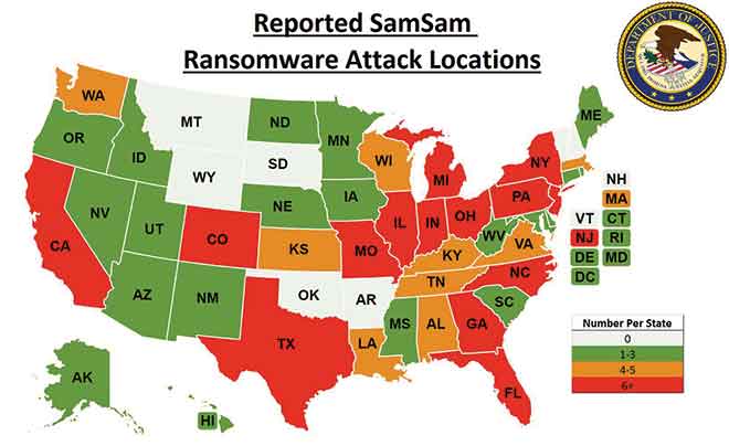 MAP samsam ransomware victim locations - FBI MAP samsam ransomware victim locations - FBI