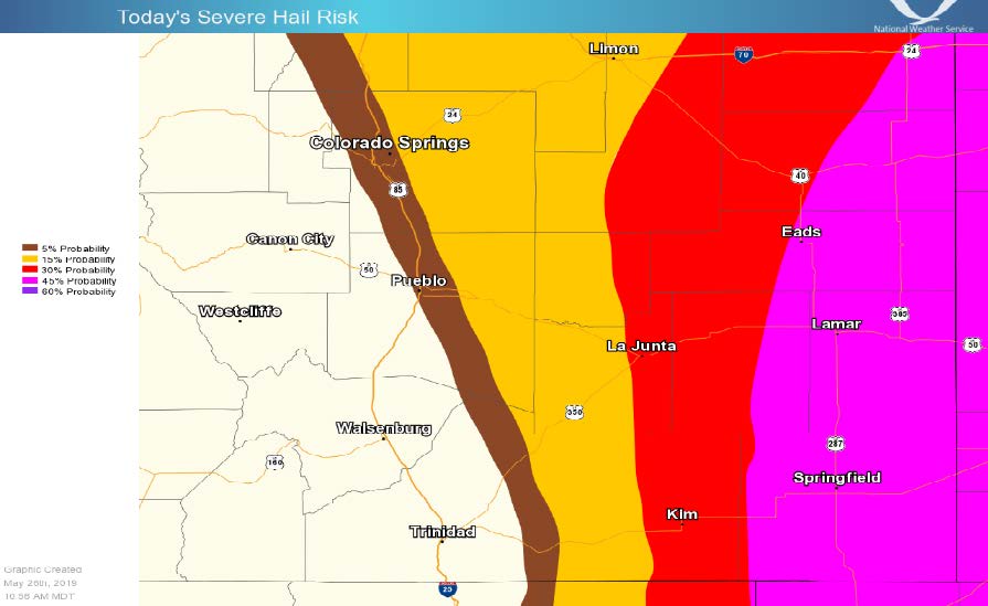 MAP Southeast Colorado severe hail risk - May 26, 2019 as of 10:52 a.m. - Courtesy NOAA. MAP Southeast Colorado severe hail risk - May 26, 2019 as of 10:52 a.m. - Courtesy NOAA.