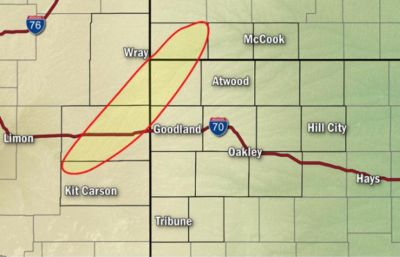 MAP Area of concern for the formation of landspout tornadoes June 8, 2019 - NWS MAP Area of concern for the formation of landspout tornadoes June 8, 2019 - NWS