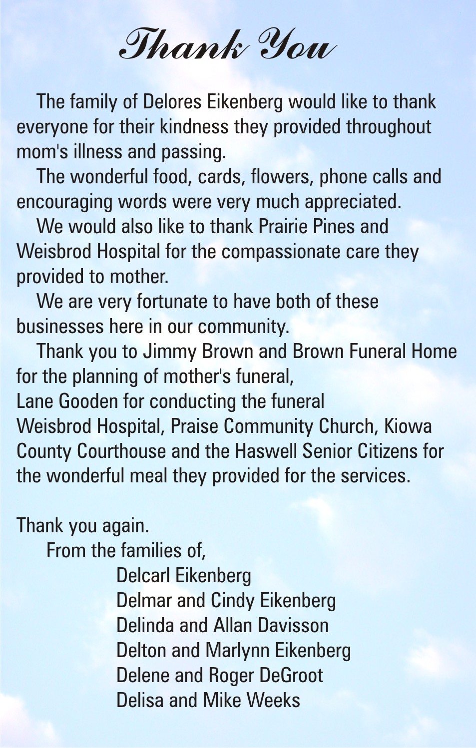 COT Card of Thanks - Eikenberg Families COT Card of Thanks - Eikenberg Families