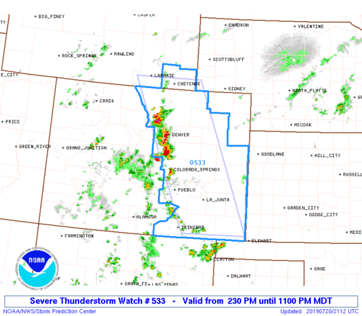 MAP Severe Thunderstorm Watch Area - Colorado, Wyoming as of 230 pm July 20, 2019 - NOAA
