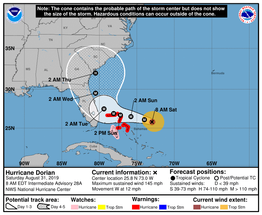 MAP Hurricane Dorian potential track as of August 31, 2019 - NOAA MAP Hurricane Dorian potential track as of August 31, 2019 - NOAA