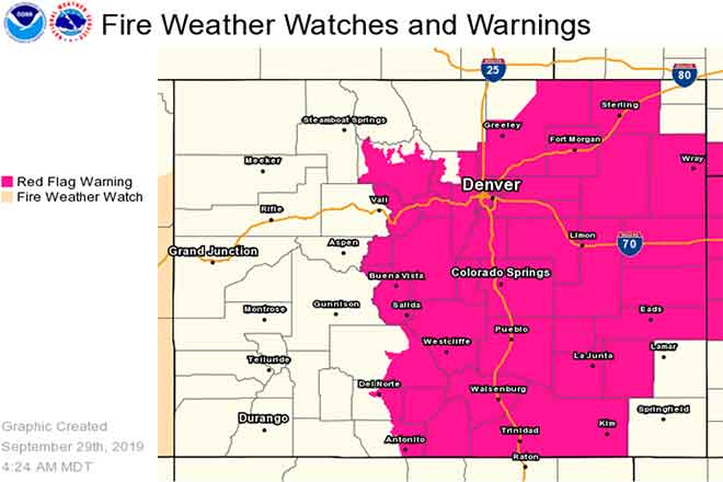 MAP 64J1 Red Flag Warning in Colorado for September 29, 2019 - NWS MAP Red Flag Warning in Colorado for September 29, 2019 - NWS