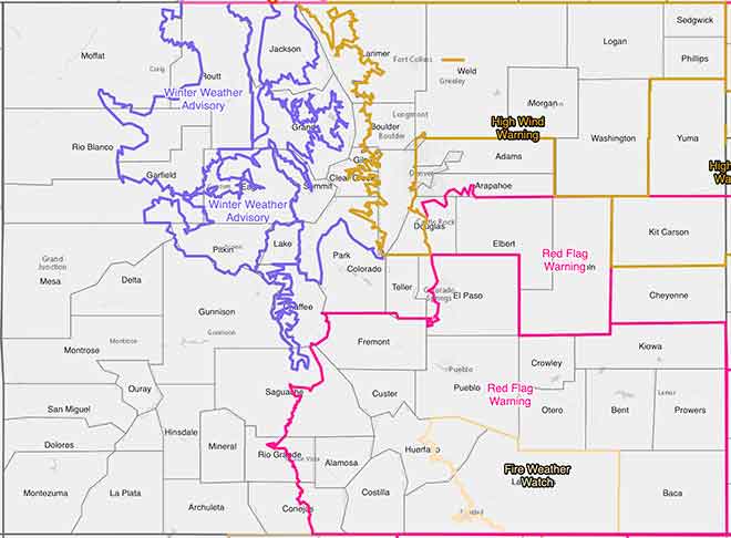 MAP 6xJ1 Colorado weather hazards for October 20, 2019 - NWS MAP Colorado weather hazards for October 20, 2019 - NWS