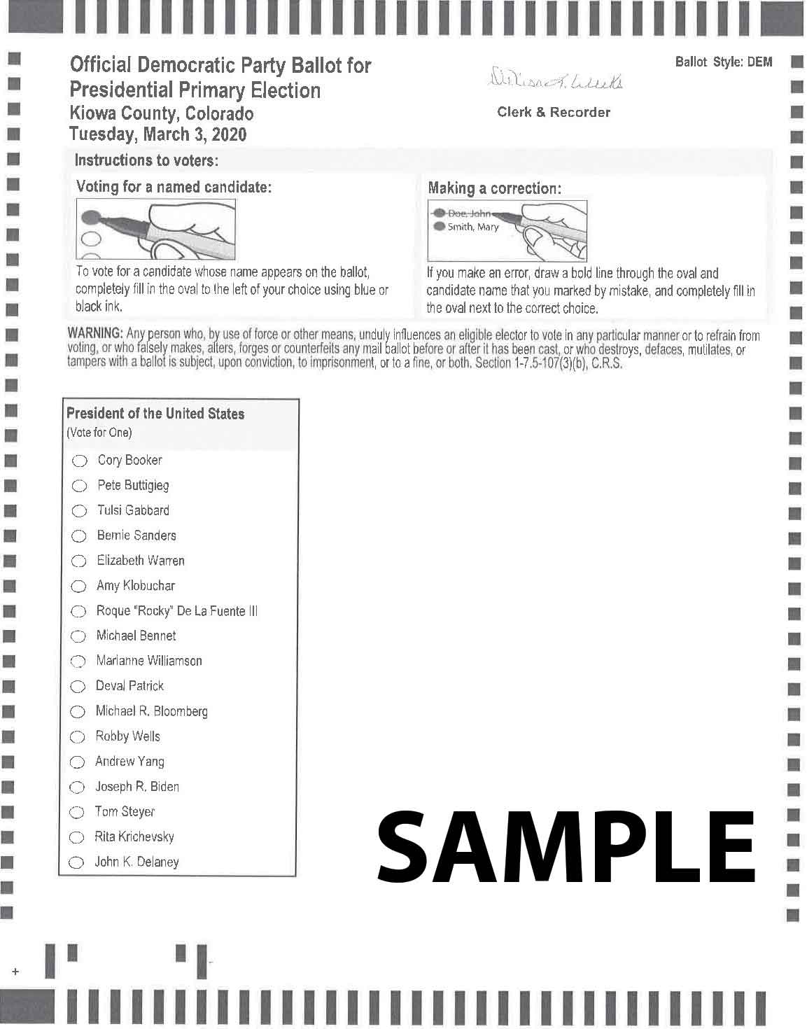 NONLEGAL Kiowa County Primary Election Ballot - March 3, 2020 Page 2