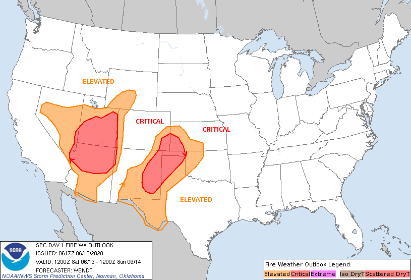 MAP Fire weather outlook for June 13, 2020 - NWS