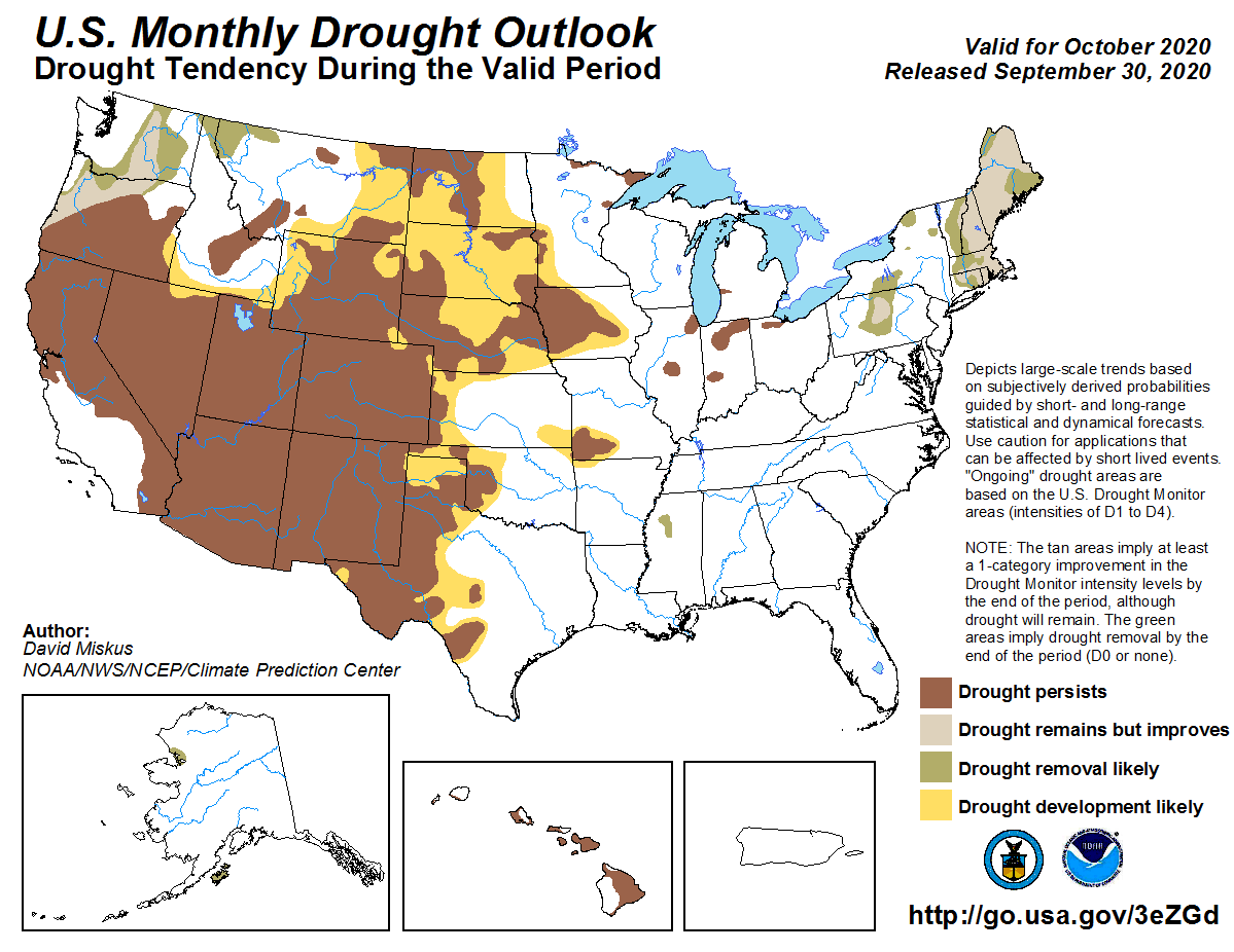 MAP United States monthly drought outlook for October 2020 - NOAA