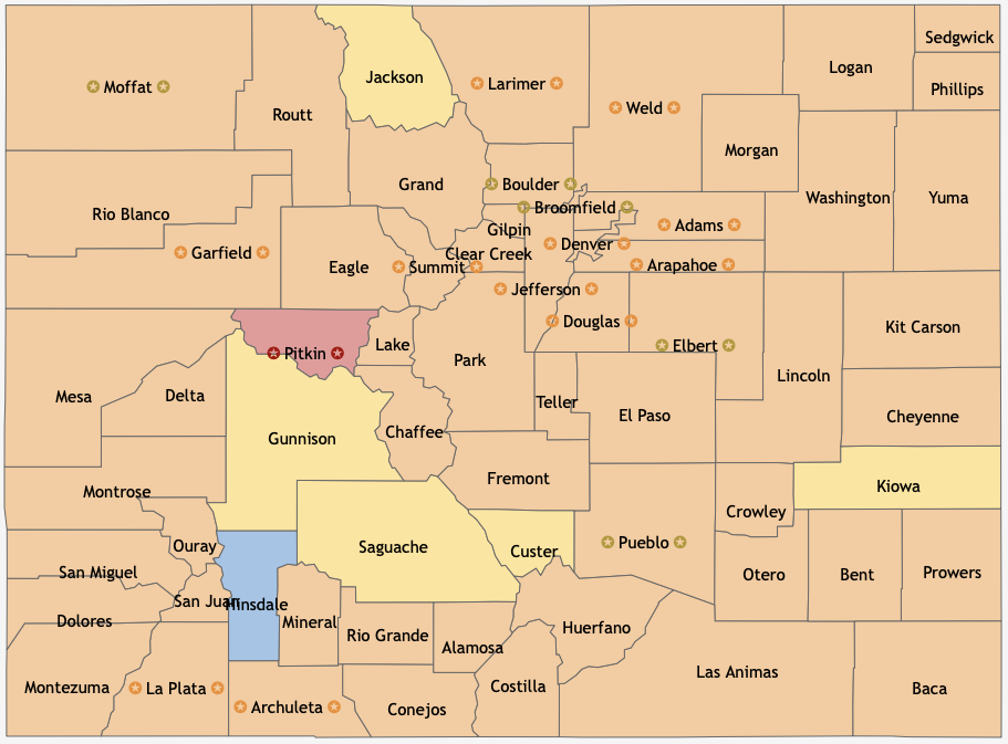 MAP Colorado county COVID-19 dial levels as of January 30, 2021 - CDPHE