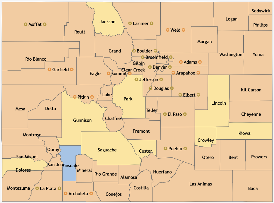 MAP Colorado county COVID-19 statuses as of February 5, 2021 - CDPHE