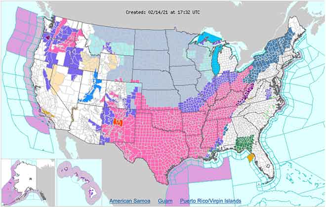 MAP Weather alerts across the United States February 14, 2021 - NWS
