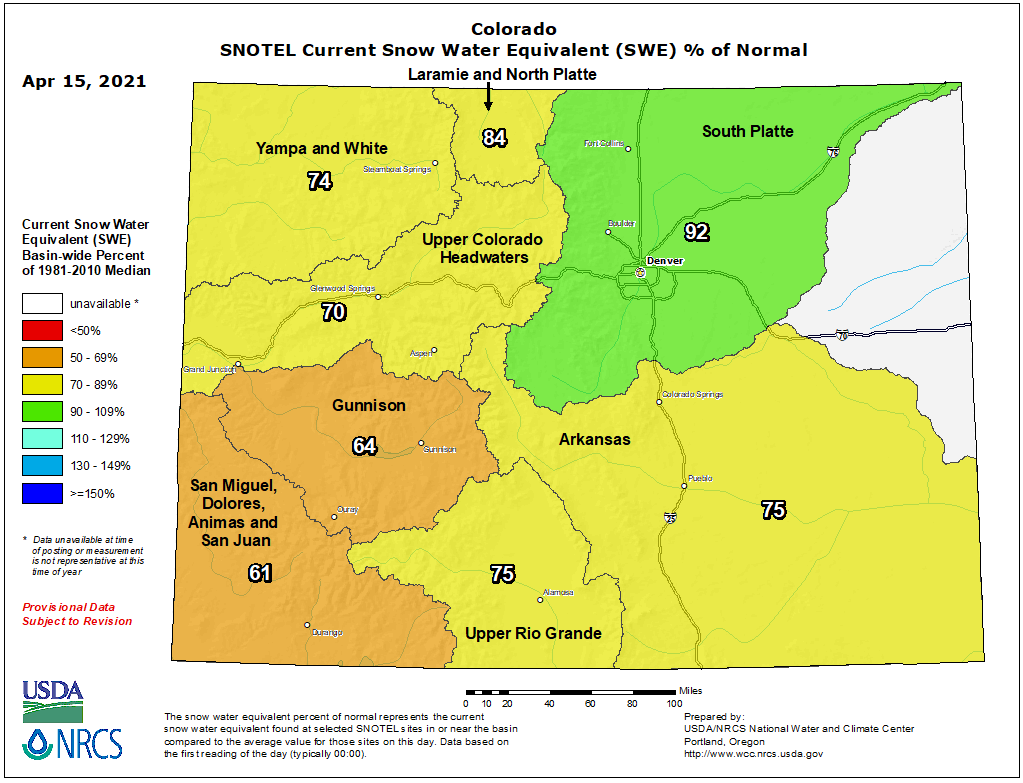 MAP Colorado snow water equivalent as of April 15, 2021 - NRCS MAP Colorado snow water equivalent as of April 15, 2021 - NRCS