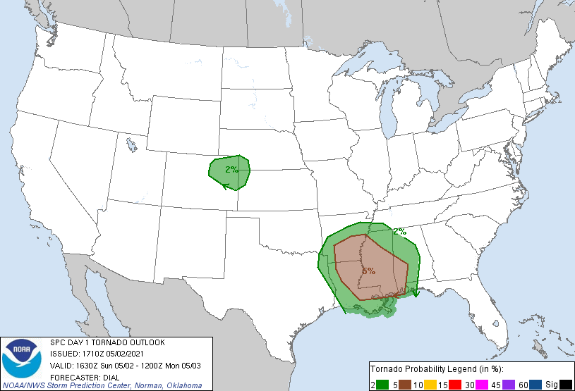 MAP Tornado risk for May 2, 2021 - NWS