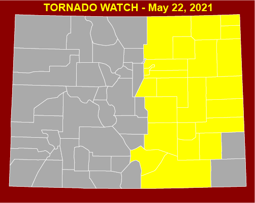 MAP Tornado Watch in eastern Colorado for May 22, 2021 MAP Tornado Watch in eastern Colorado for May 22, 2021