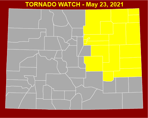 MAP Tornado Watch in eastern Colorado for May 23, 2021 MAP Tornado Watch in eastern Colorado for May 23, 2021