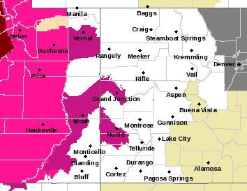 MAP Excessive heat warning for portions of western Colorado June 14-18, 2021. - NWS