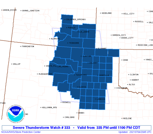 MAP Severe thunderstorm watch for southeast Colorado July 4, 2021 - NWS