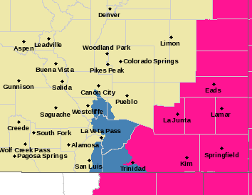 MAP Red flag warning and winter storm watch in southeast Colorado March 20, 2022 - NWS