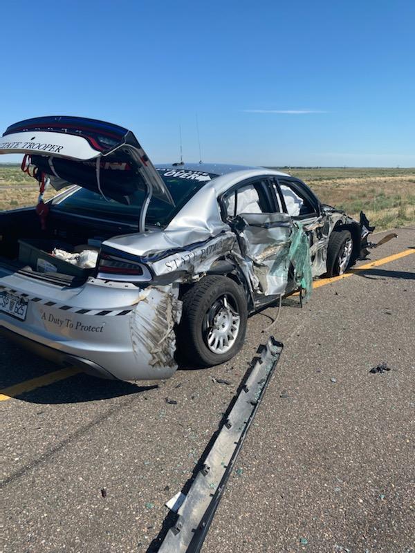 PICT Heavily damaged Colorado State Patrol car following a crash June 23, 2022 - CSP
