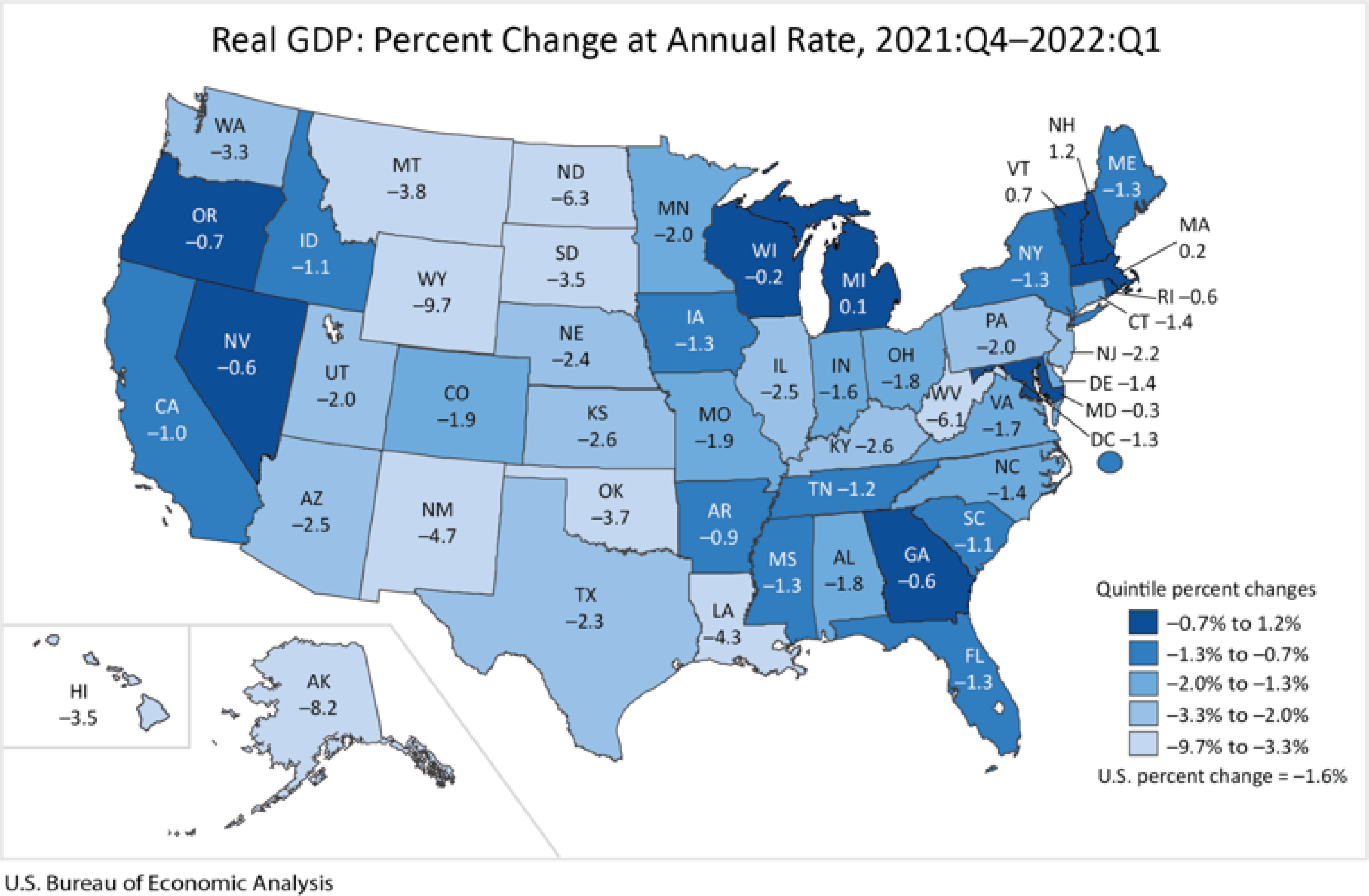 MAP Change in gross domestic product by state - 4th quarter 2021 to 1st quarter 2022 - USBEA