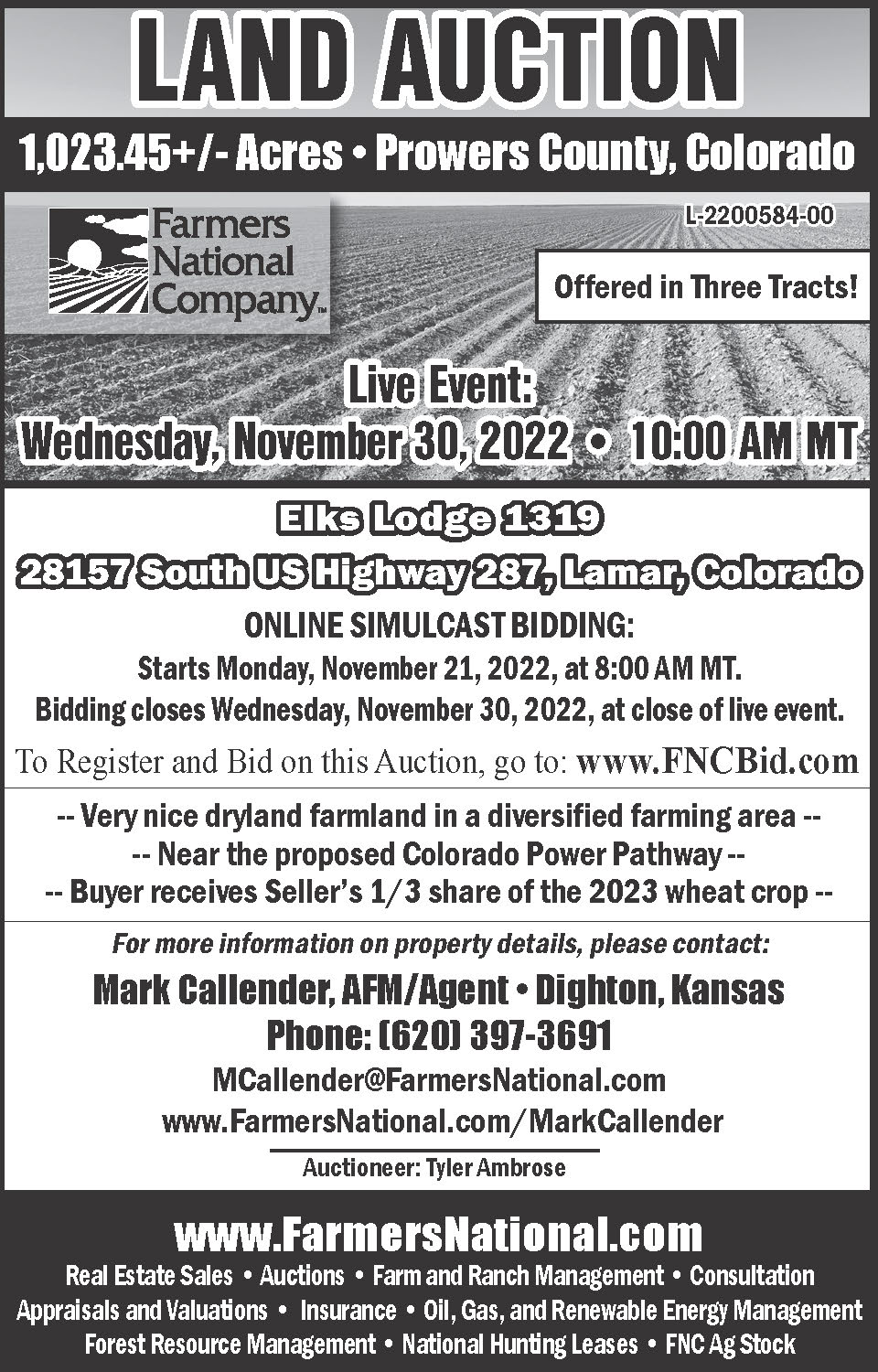 AD 2022-10 Agriculture - Colorado Land Auction - Farmers National Company