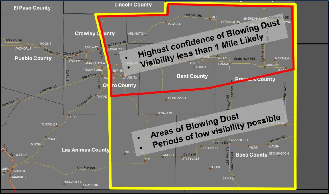 MAP Areas of blowing dust for eastern Colorado December 2, 2022 - NWS