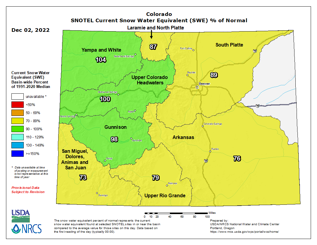 MAP Colorado snow water equivalent as of December 2, 2022 - USDA