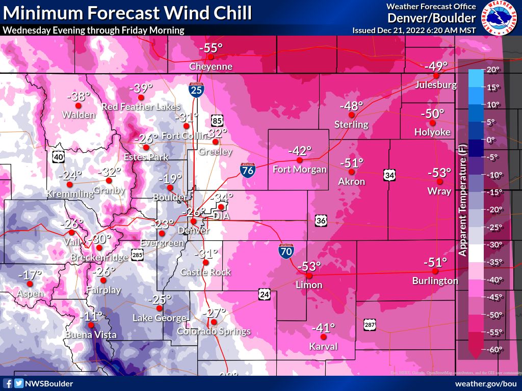 MAP Minimum wind chill in northeast Colorado for December 21, 2022 - NWS