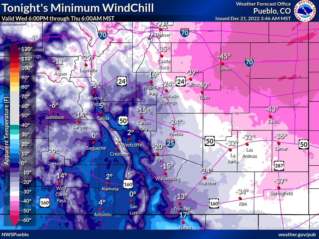MAP Minimum wind chill in southeast Colorado for December 21, 2022 - NWS