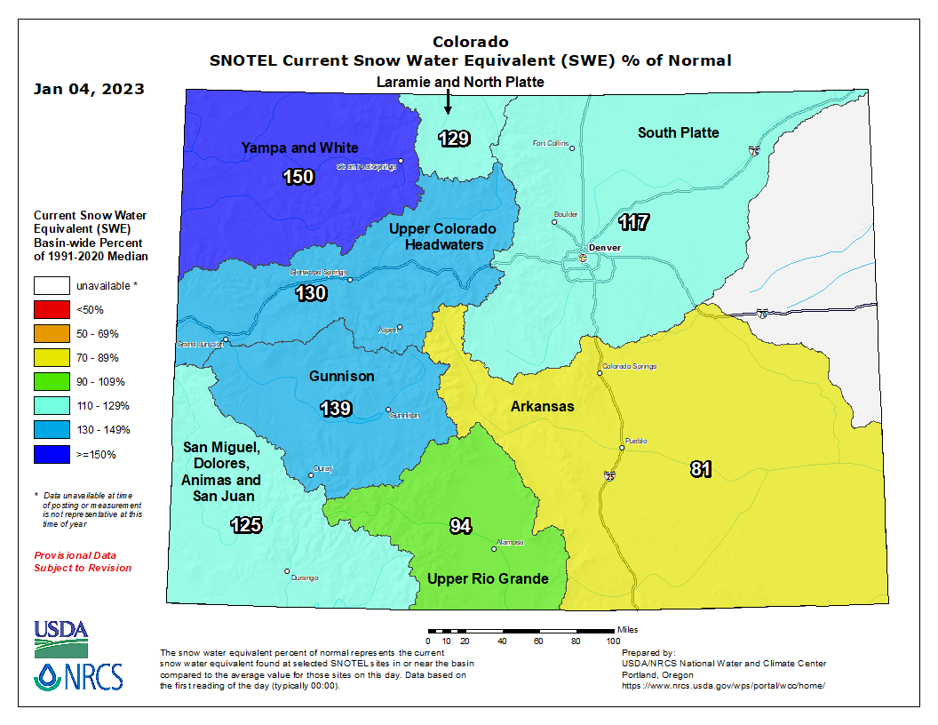 MAP Colorado river basins snow water equivalent - January 4, 2023 - USDA