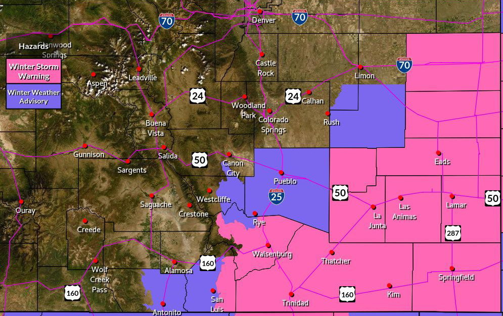 MAP Winter storm warning for southeast Colorado January 20, 2023 - NWS