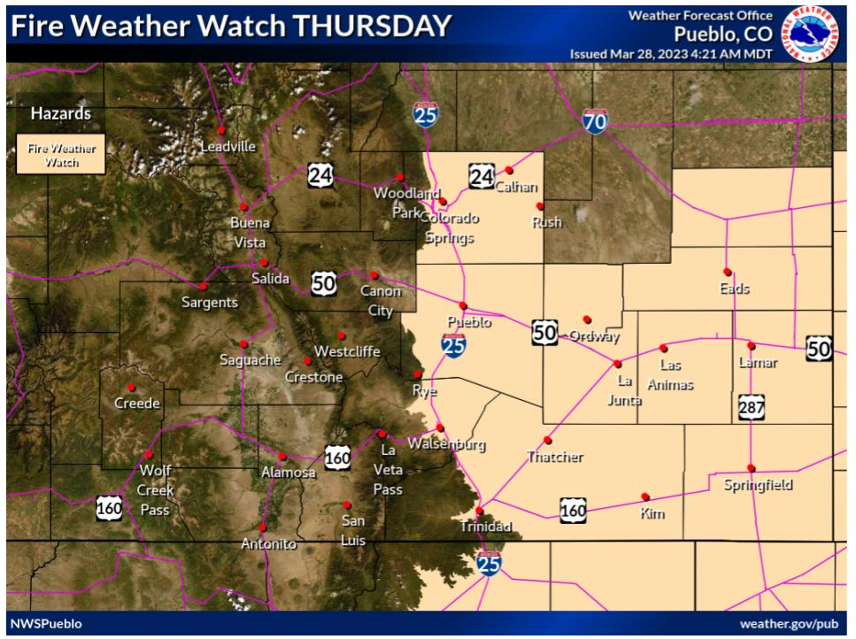 MAP Fire weather watch in outheast Colorado March 30, 2023