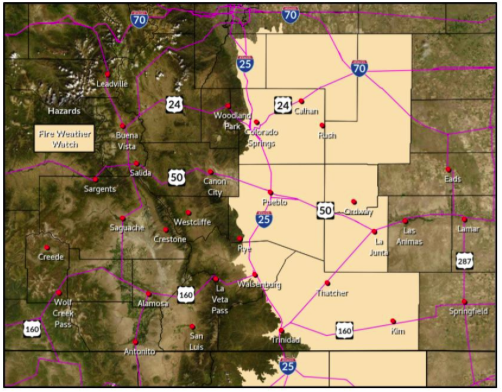 MAP Fire weather watch in southeast Colorado for April 2, 2023 - NWS