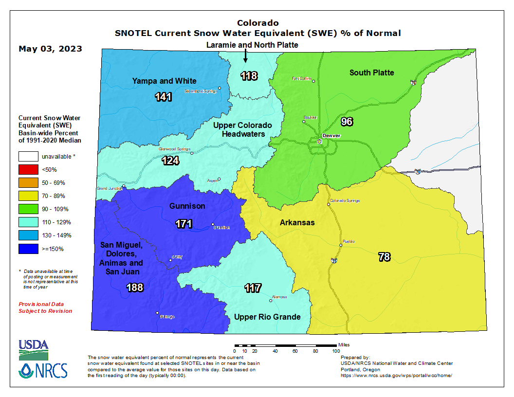 MAP Colorado river basins snow water equivalent for May 3, 2023 - USDA