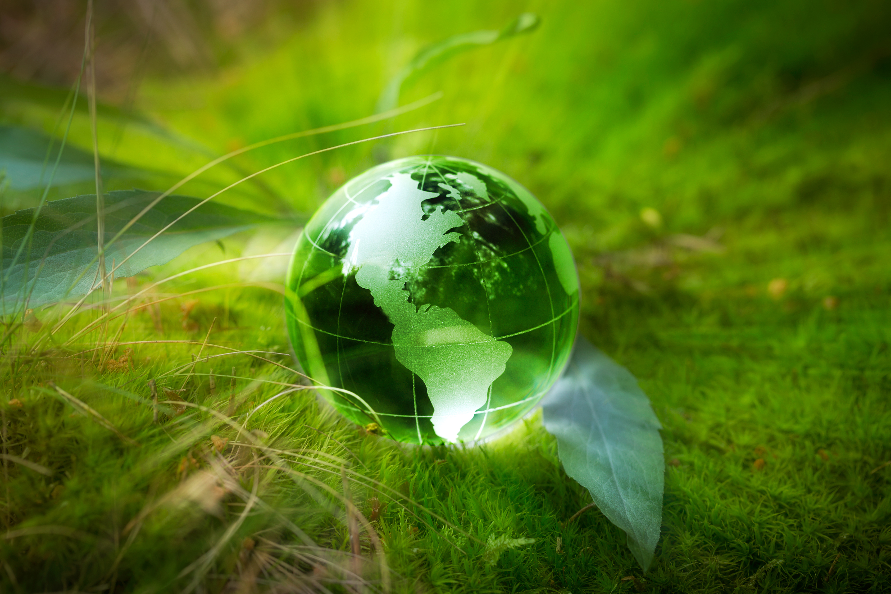 Green glass globe sitting on grass with a slight glow.