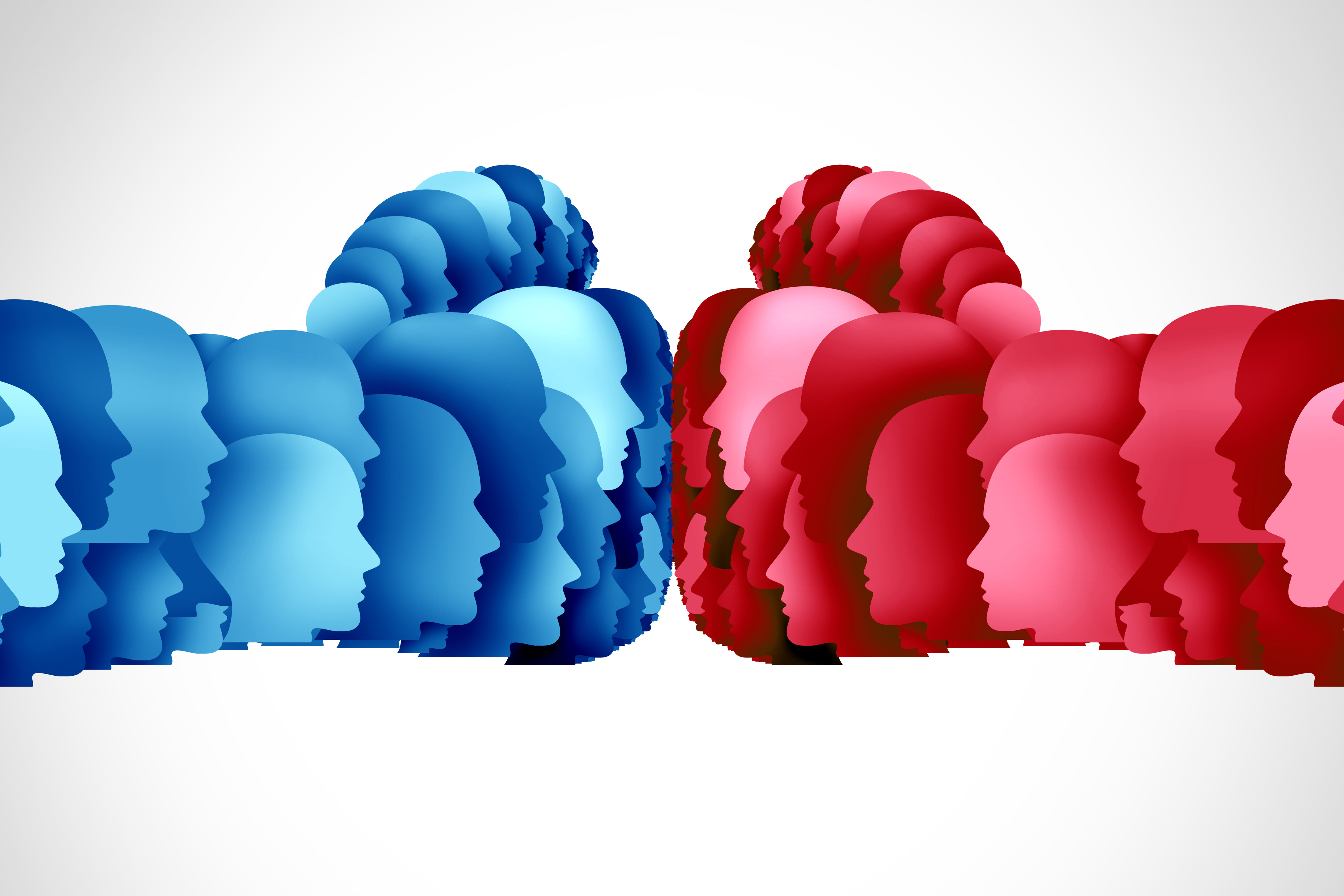 Concept image of two fists shaped from cutouts of a human head profiles colored in shades of red and blue.