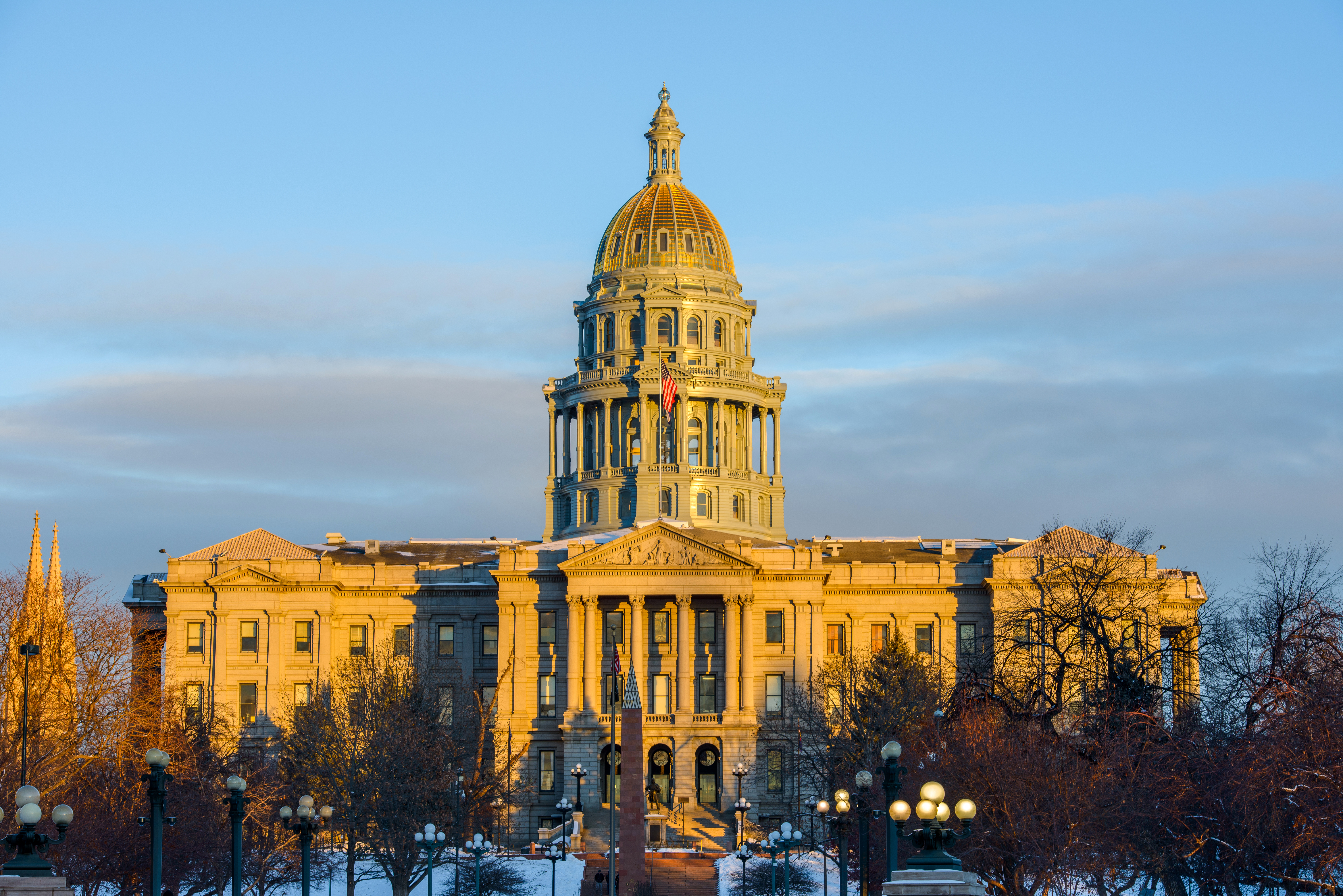 View of the Colorado state capitol building at sunrise in winter