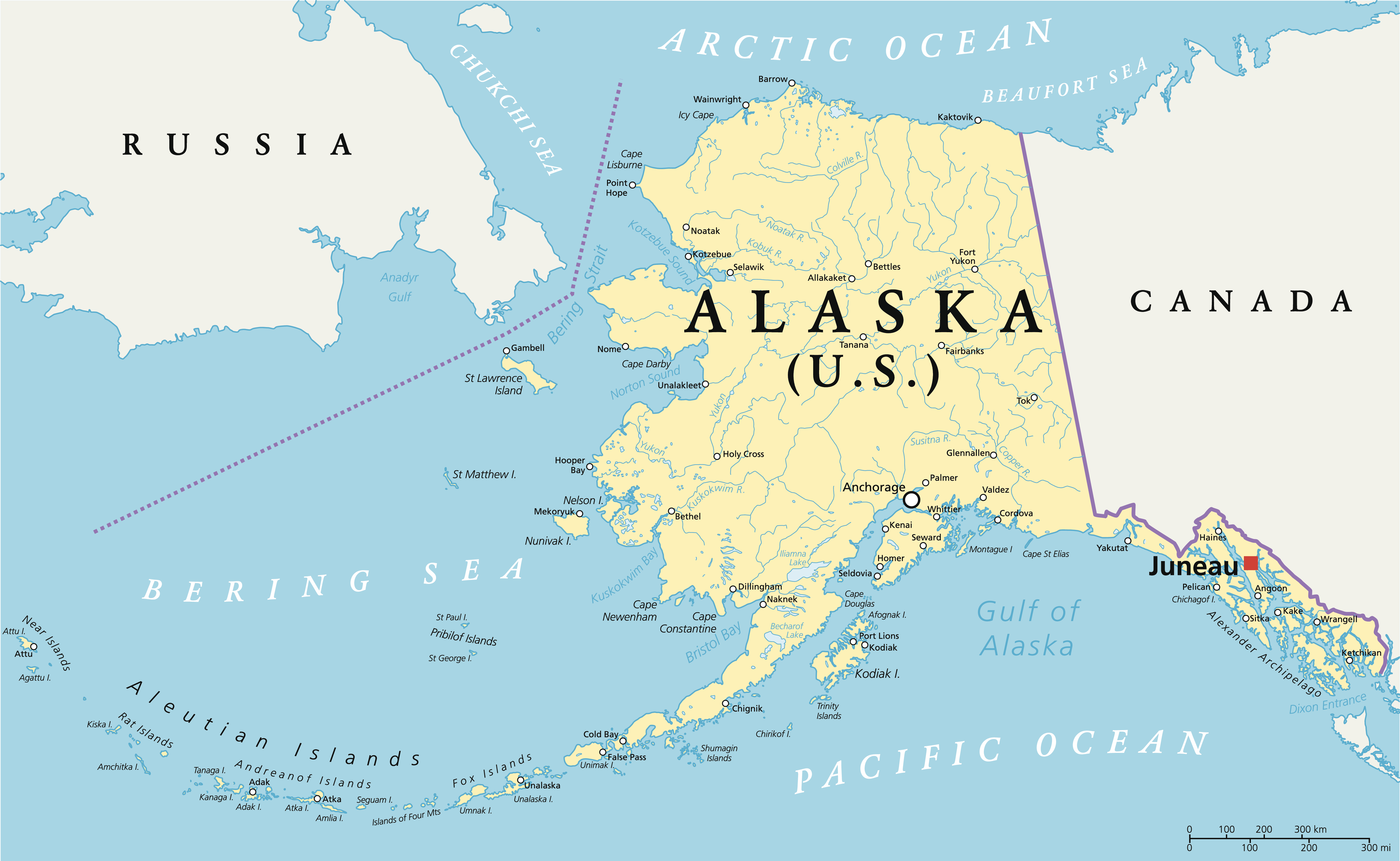 Map of the state of Alaska, showing portions of Canada and Russia