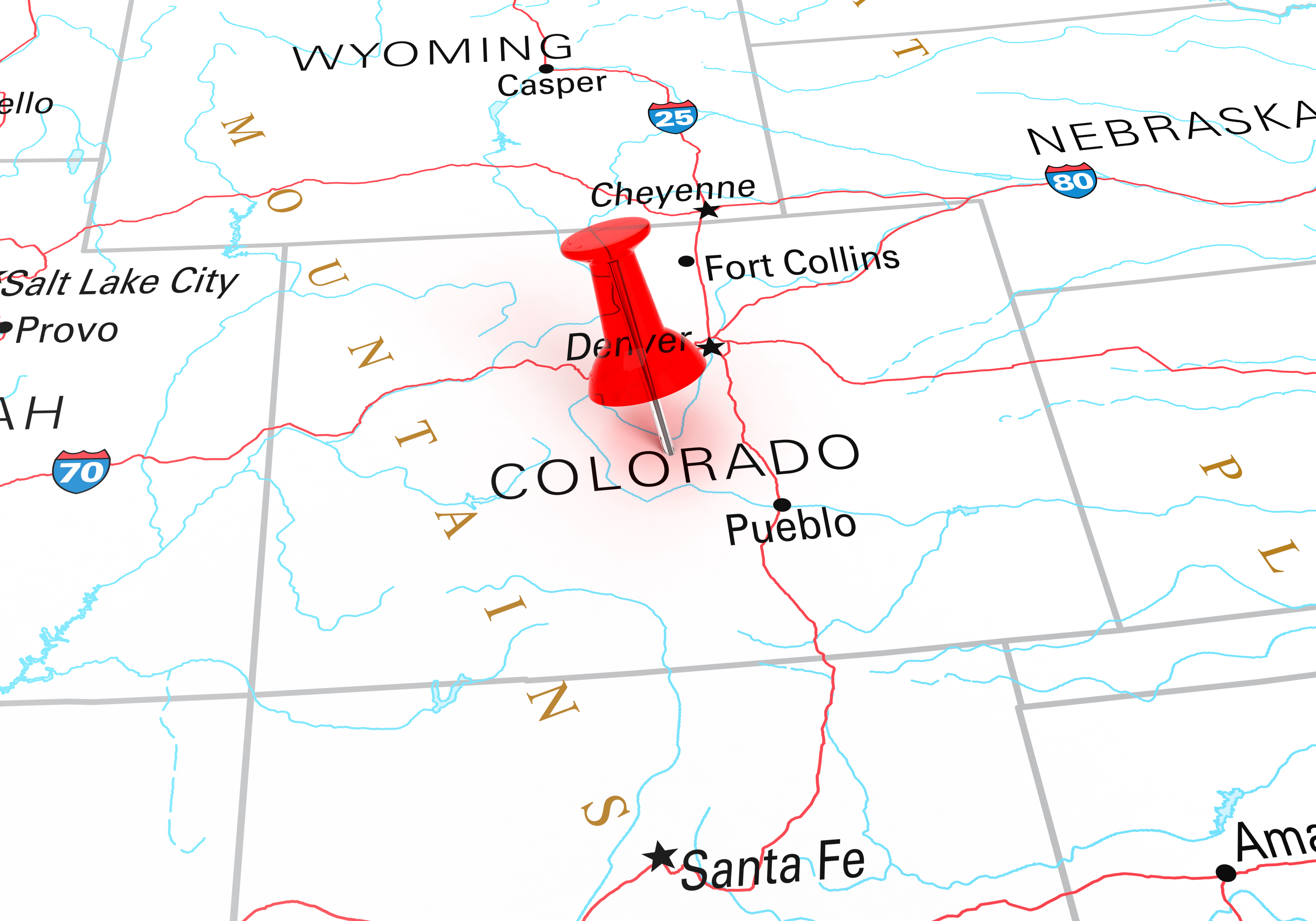 Map of the state of Colorado, showing portions of surrounding states