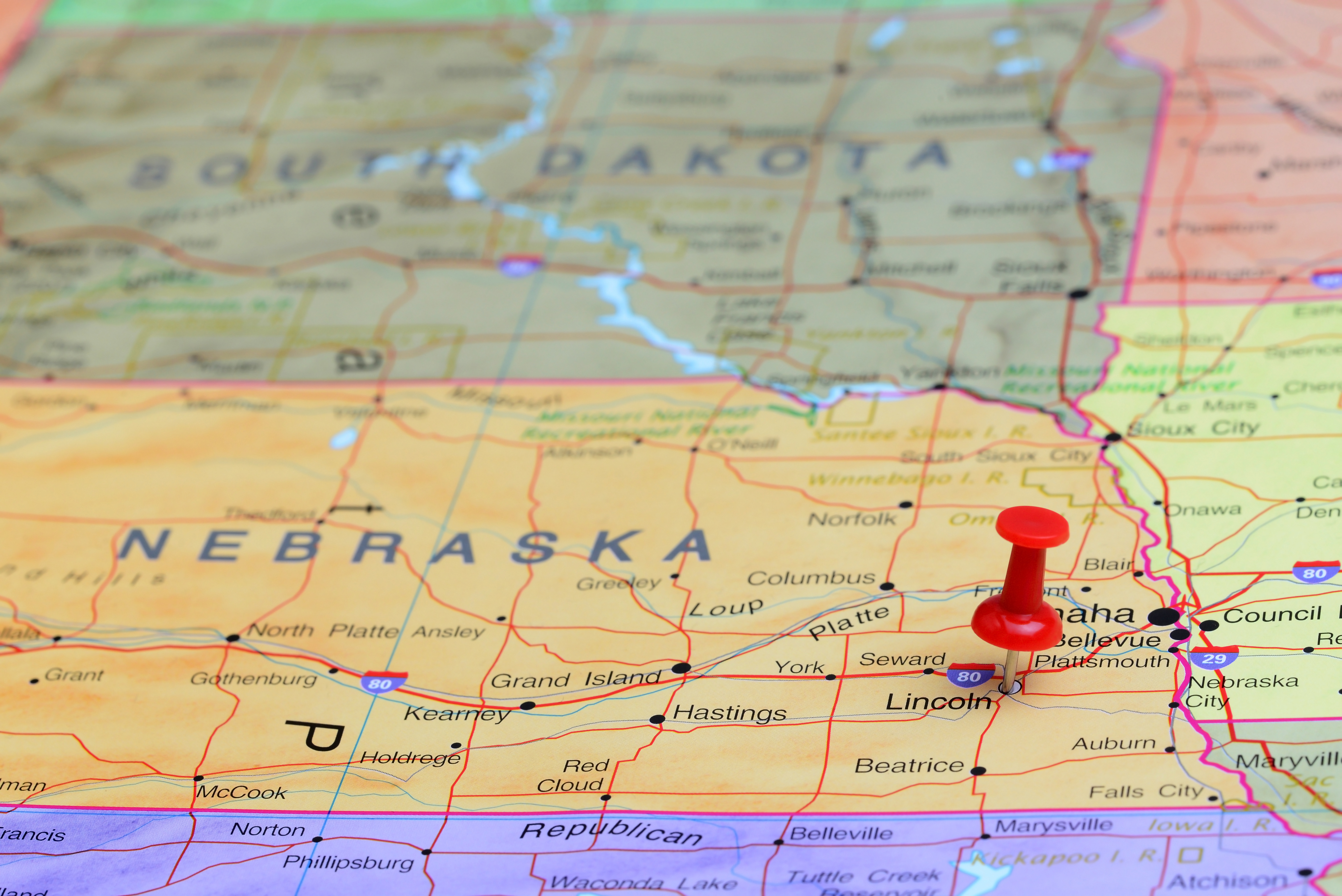 Map of the state of Nebraska, showing portions of surrounding states.