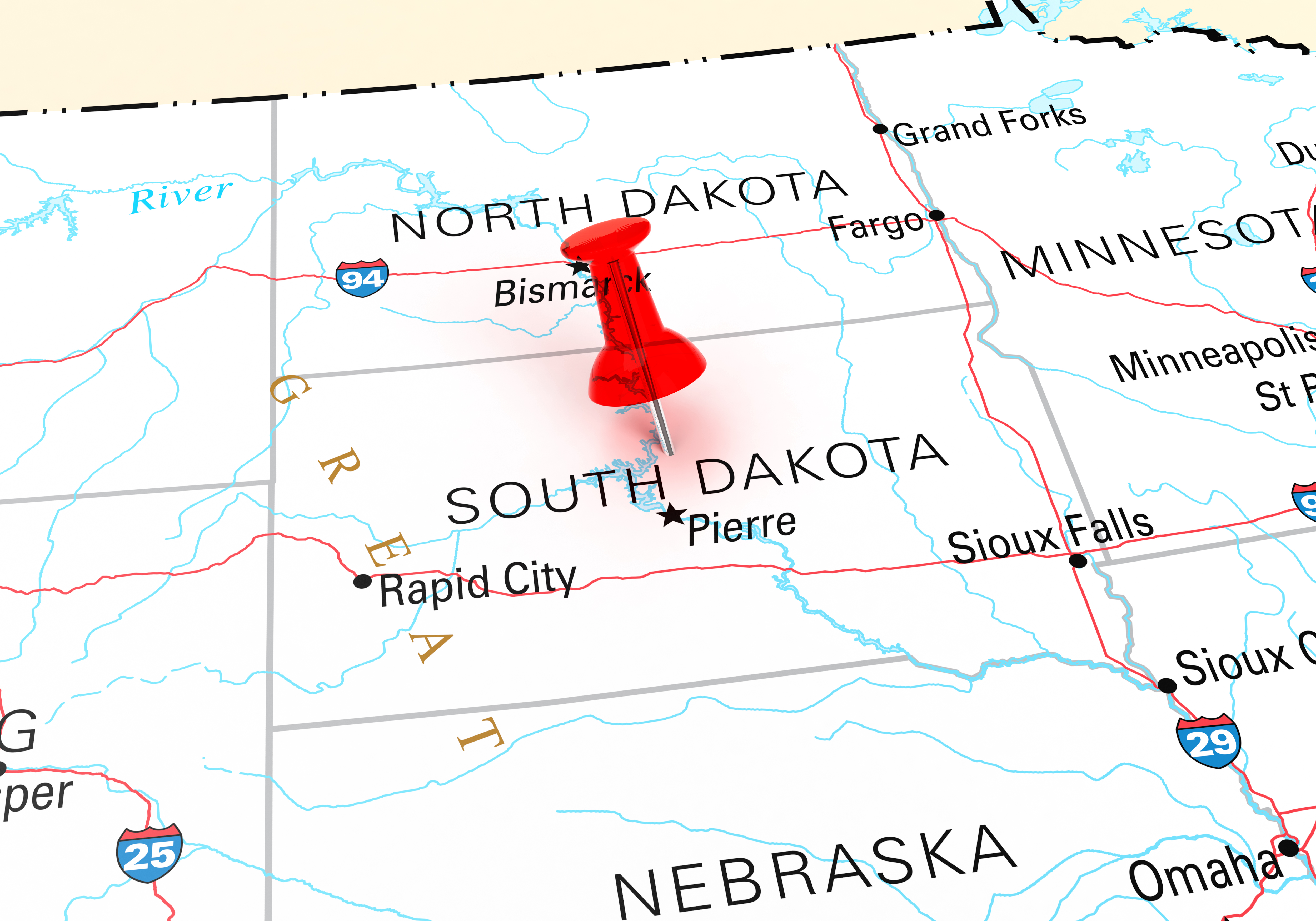 Map of the state of South Dakota, showing portions of surrounding states