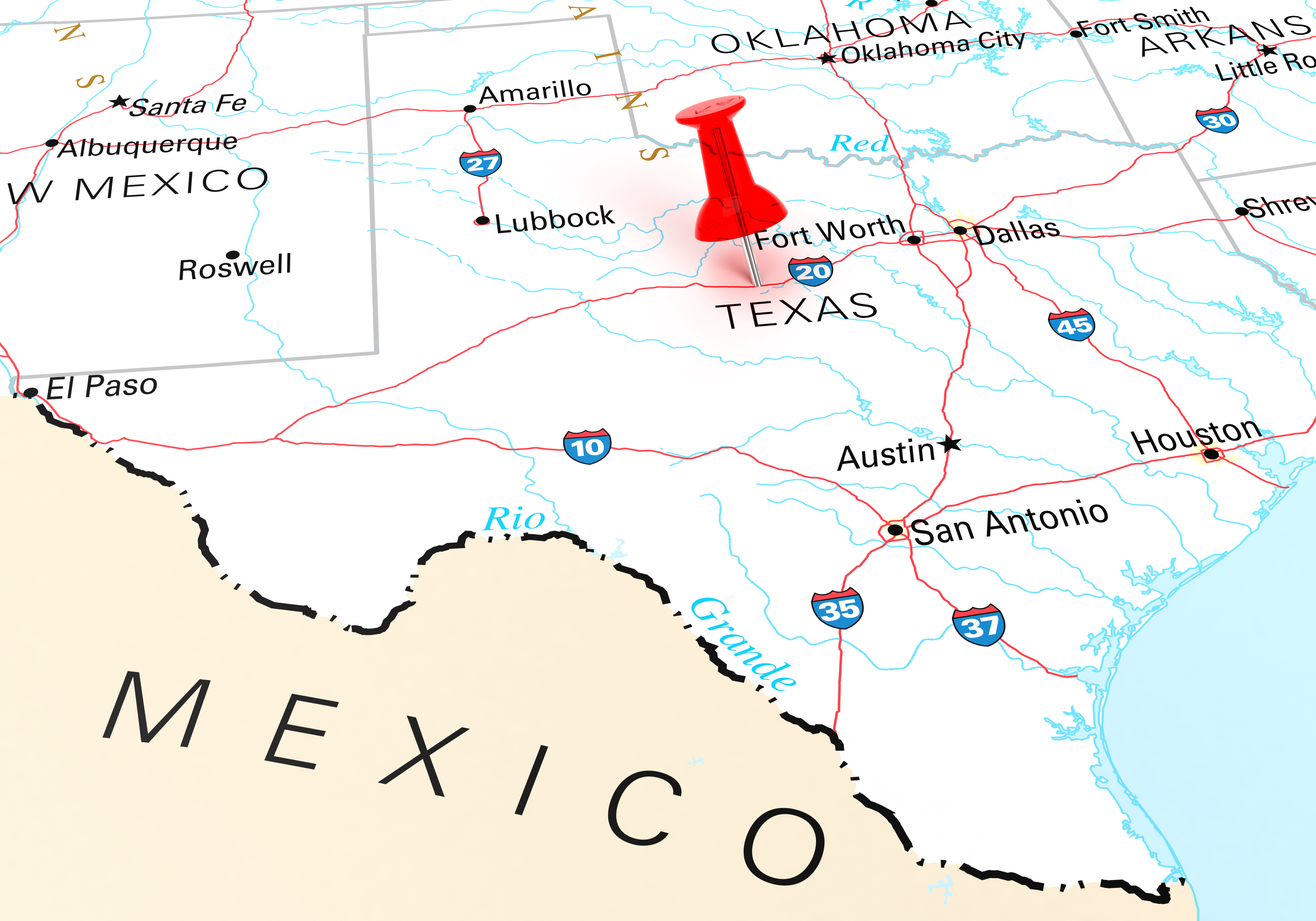 Map of the state of Texas, showing portions of surrounding states