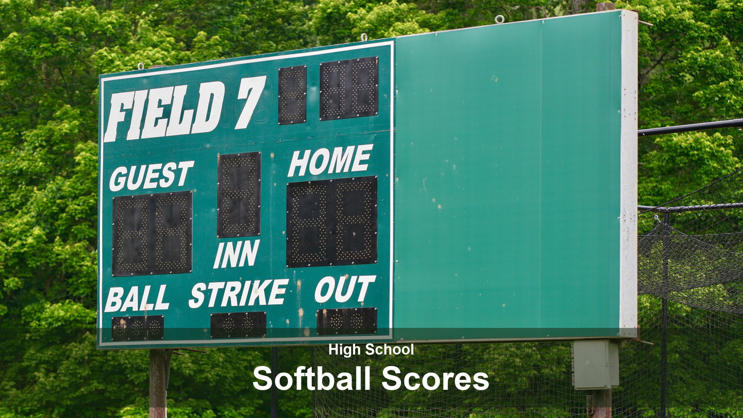 A green ballpark scoreboard reading guest, home, inn, ball, strike and out in front of summer trees. The image reads “High School Softball Scores”.