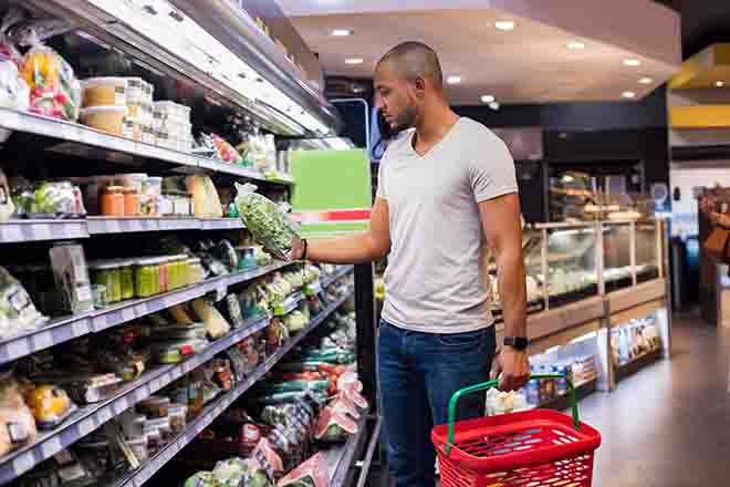 PROMO Shopping - Groceries Food Man Basket Store Produce Fruit Vegetable - iStock - Ridofranz