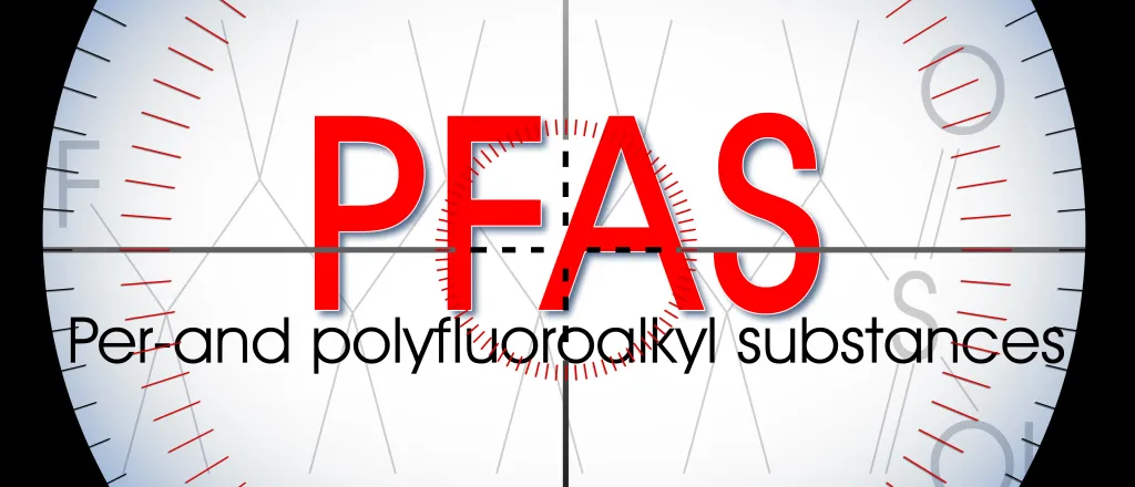 Letters PFAS above the words Per-and polyfluorpalkyl substances on a stylized white circle background